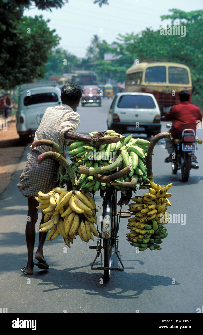 India Kerala un uomo Bicicletta Equitazione con banane sulla strada tra Cochin e Allepy Foto Stock