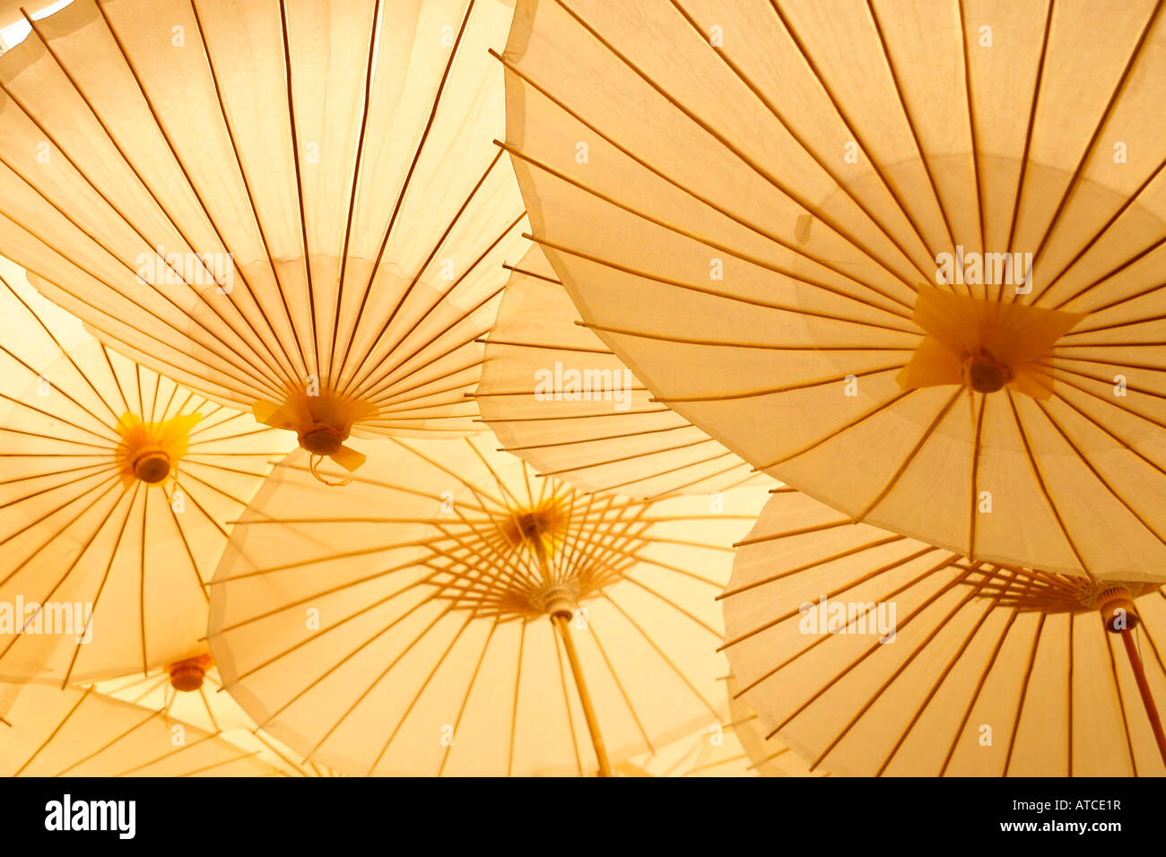 Ombrelloni ornamentali giapponesi appesi a soffitto Foto Stock Ombrelloni ornamentali giapponesi appesi a soffitto Foto Stock