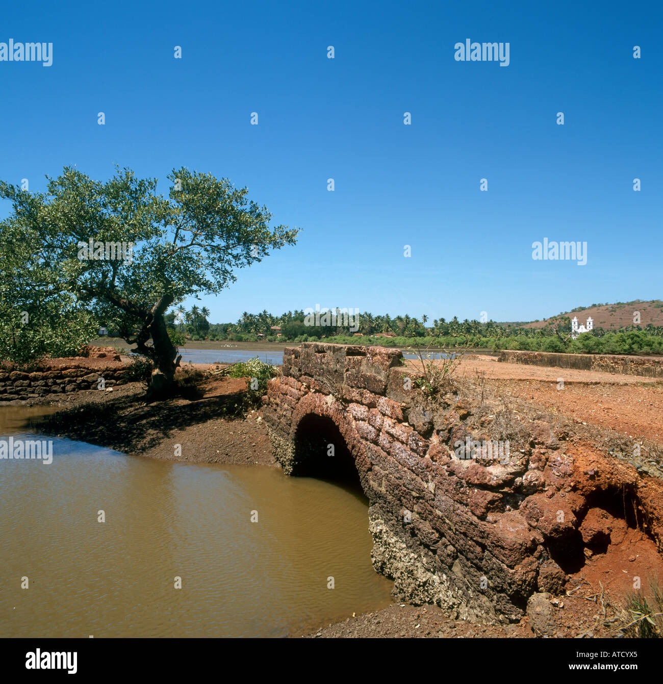 Un antico ponte in pietra, Goa, India Foto Stock