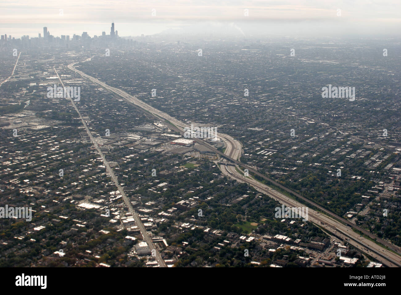 Illinois Cook County,Chicago,Lake Michigan,American Airlines,volo da Miami,vista aerea dall'alto,vista,centro,centro città,i 90,9 Foto Stock