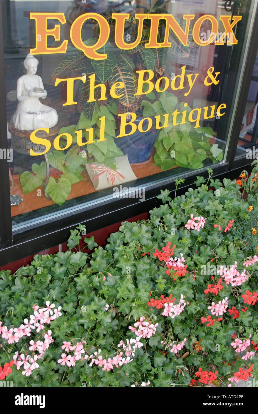 Kenosha Wisconsin, 6th Sixth Avenue, Equinox, The Body and Soul Boutique, segno, logo, finestra, fiori di fiori, visitatori viaggio turismo turistico viaggio l Foto Stock