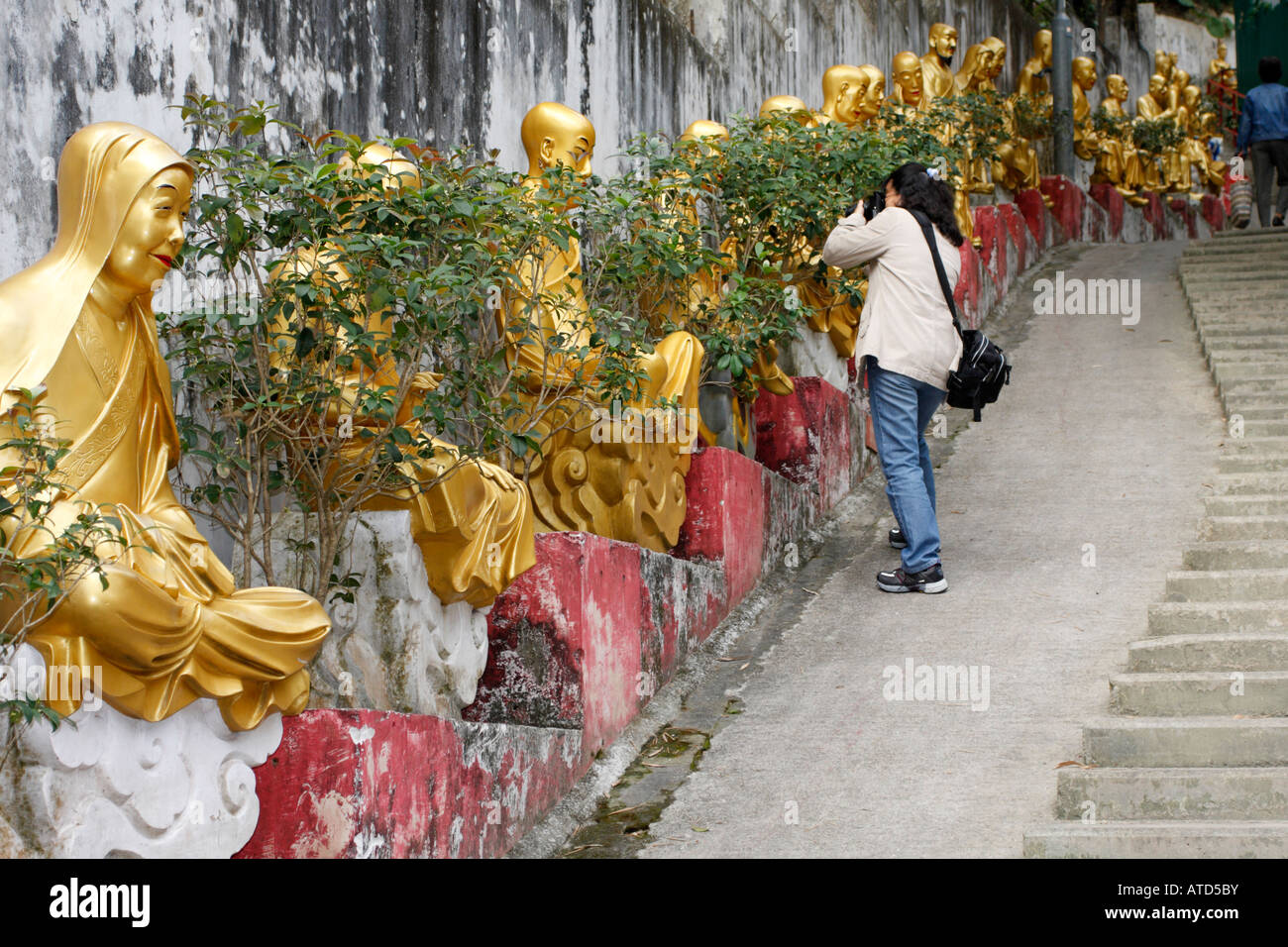 Fotografo a scattare foto di statue di Buddha a Tempio del Buddha 10000 in Hong Kong Foto Stock