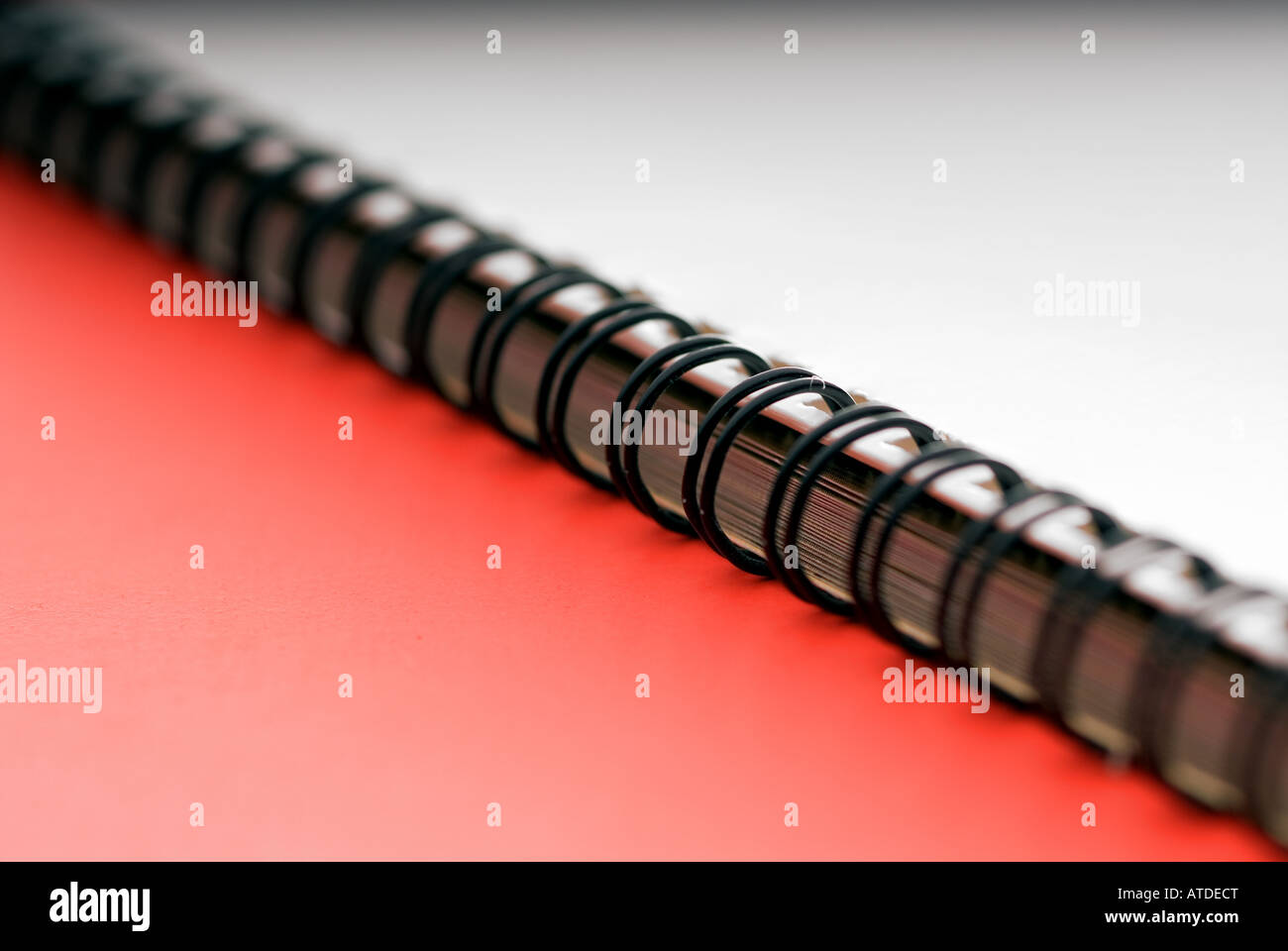 Macro di un bianco anello a spirale documento rilegato su uno sfondo rosso Foto Stock