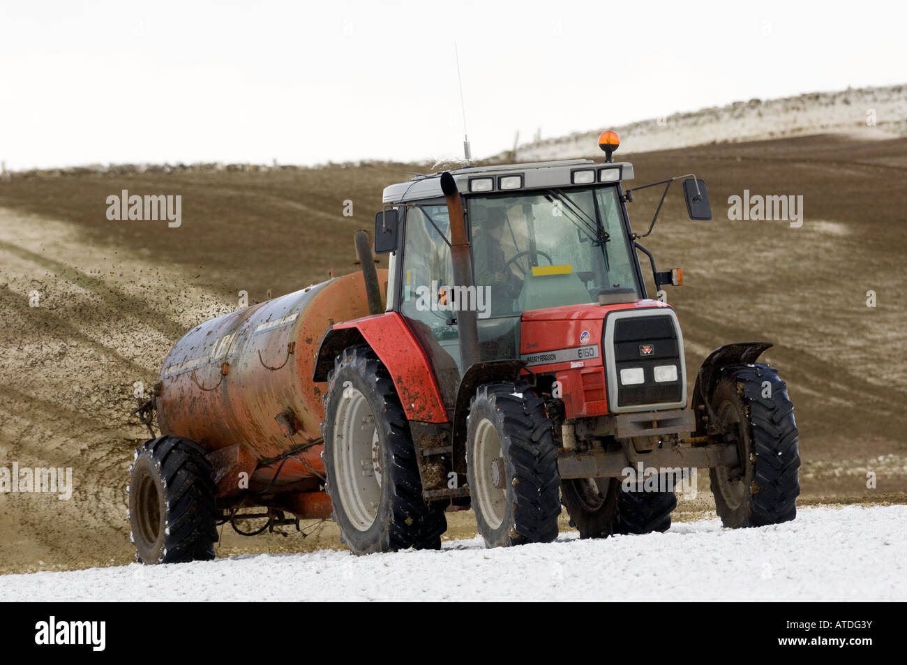 Lo spandimento di liquame su un campo nevoso utilizzando Massey Ferguson 6160 trattore Foto Stock