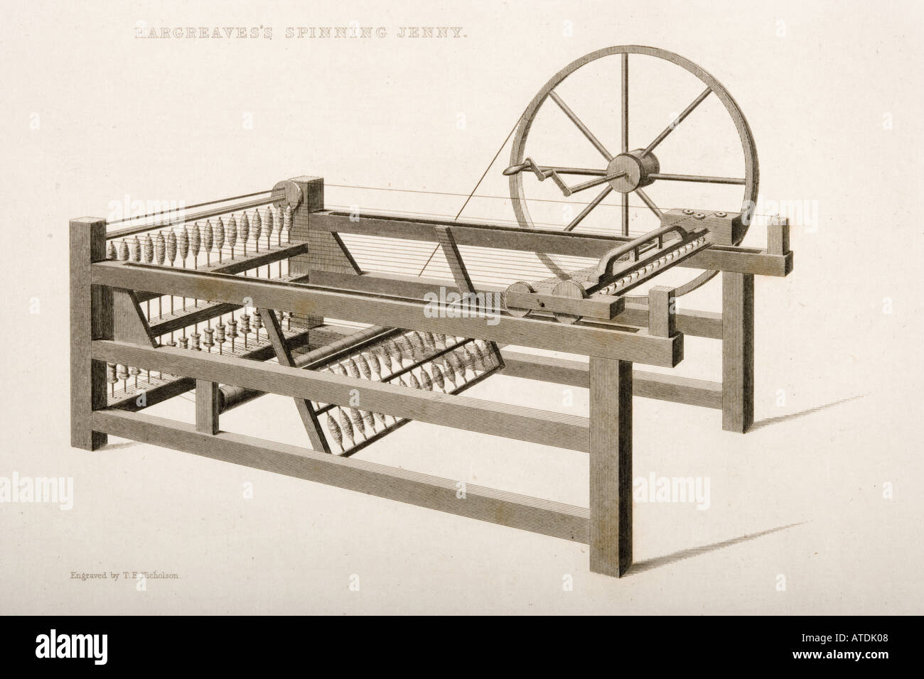 Hargreave filatura del Jenny. Incisi da T E Nicholson in 1.830 s Foto Stock