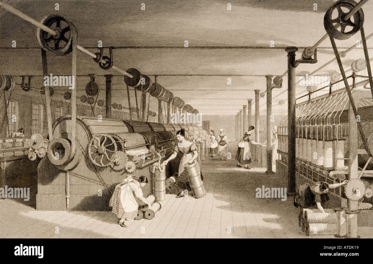 Fabbrica di cotone pavimento in 1830 che mostra i lavoratori di cardatura, disegno e di stoppino. Disegnato da Allom T. Incisi da J Tingle Foto Stock