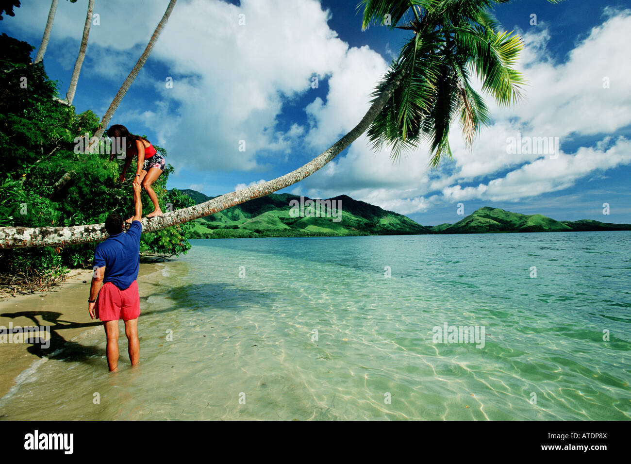 Il Pacifico tropicale è noto per il suo pittoresco paesaggio di palme e spiagge di sabbia bianca Figi Indo Pacific Foto Stock