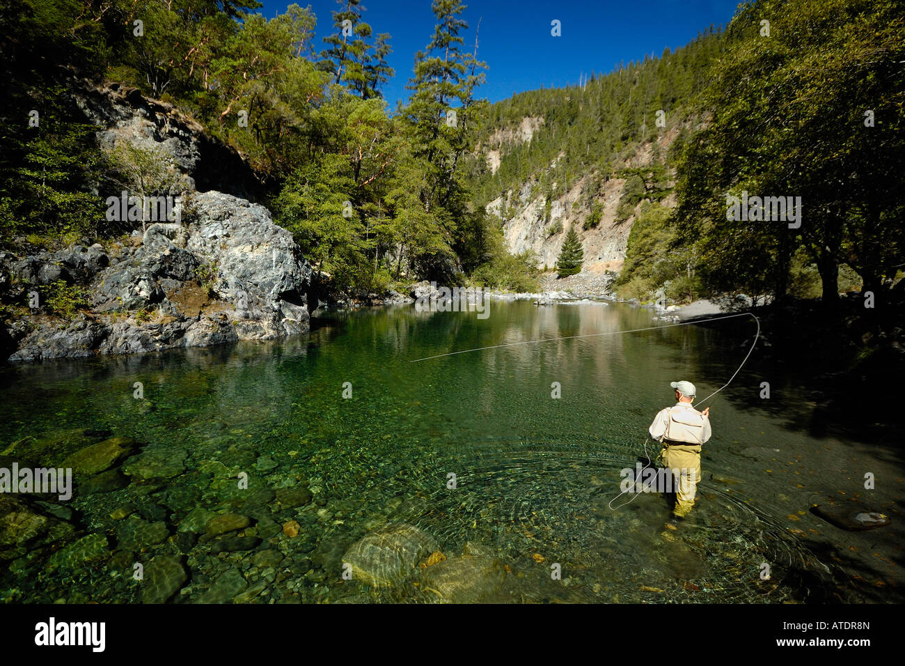 Pesca a mosca sul fiume Smith California Foto Stock