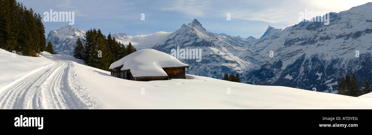 Swiss Chalet in inverno con il Monte Eiger in distanza. Pista da slittino Busalp pendenza Foto Stock