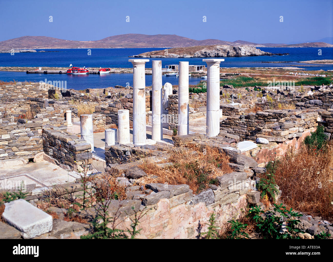 Rovine greche di Delos, Isola di Delos, Grecia Foto Stock