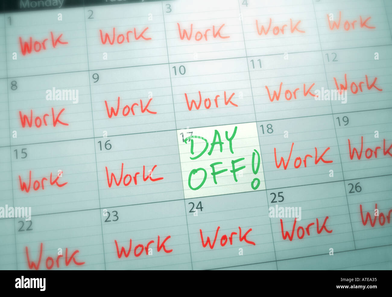 Calendario che mostra un giorno di pausa tra molti giorni di lavoro Foto Stock