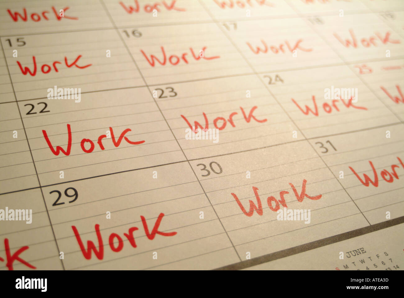 Calandra che mostra tutti i giorni segnati come giorni di lavoro. Foto Stock
