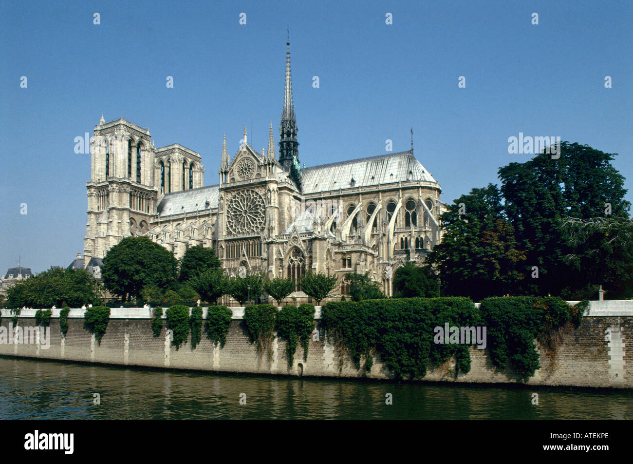 Notre Dame la costruzione iniziò nel 1163 e fu completato nel 1345 qui  visto da sud dando una vista del sud rosone e cuspide Parigi Foto stock -  Alamy