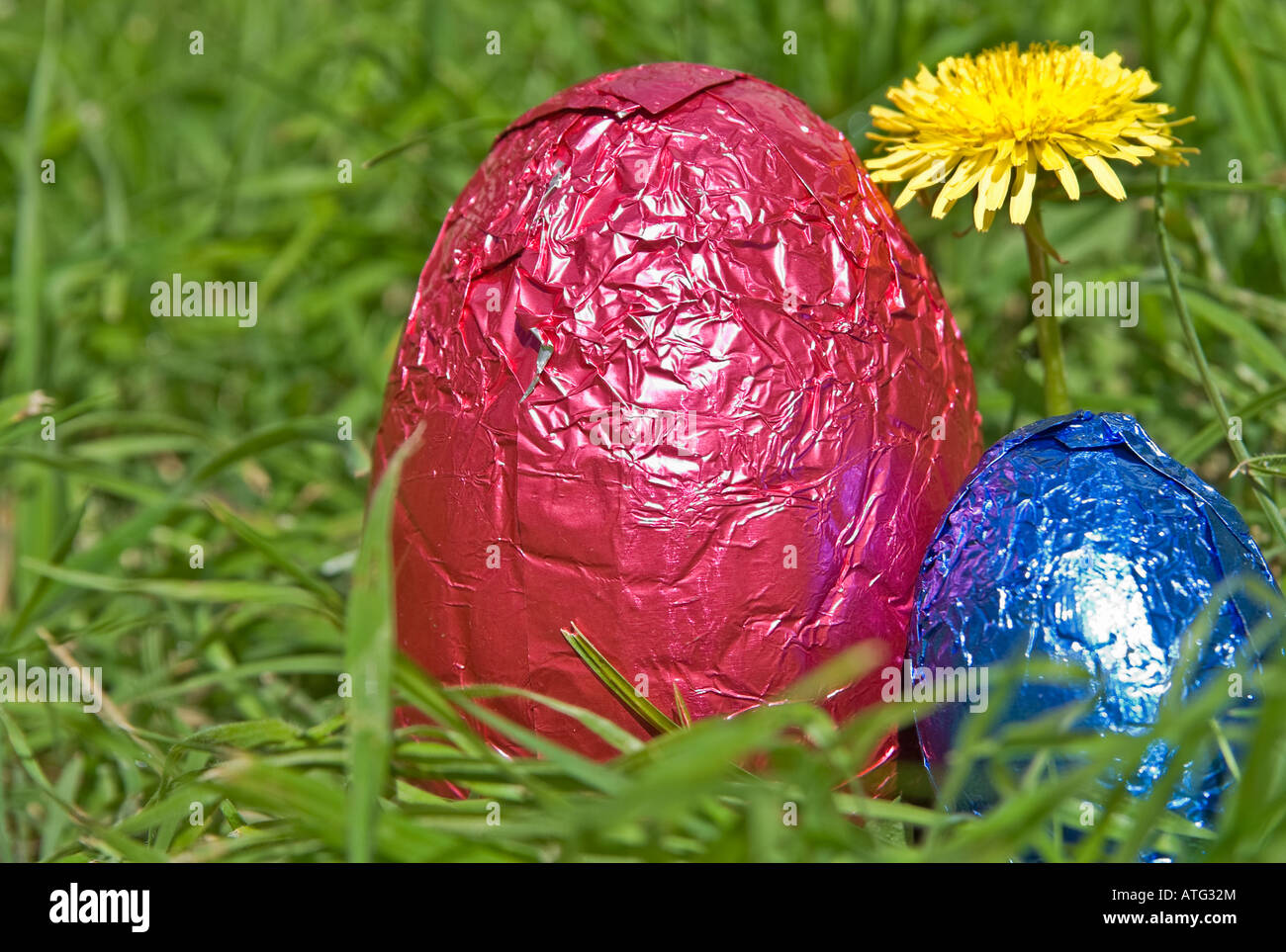 Uova di Pasqua in erba con un fiore Foto Stock