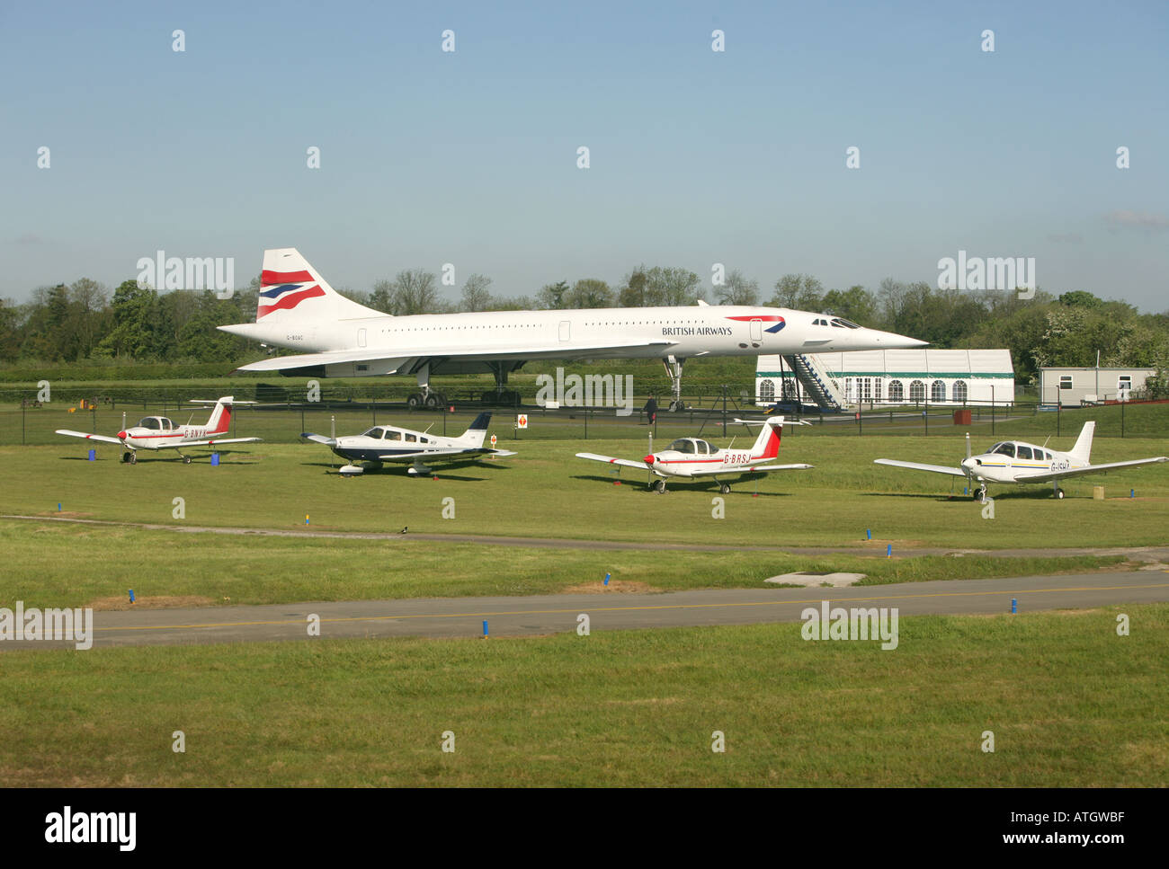 British Airways Concorde G-BOAC all'Aeroporto di Manchester AVP visualizzazione aerea Park Foto Stock