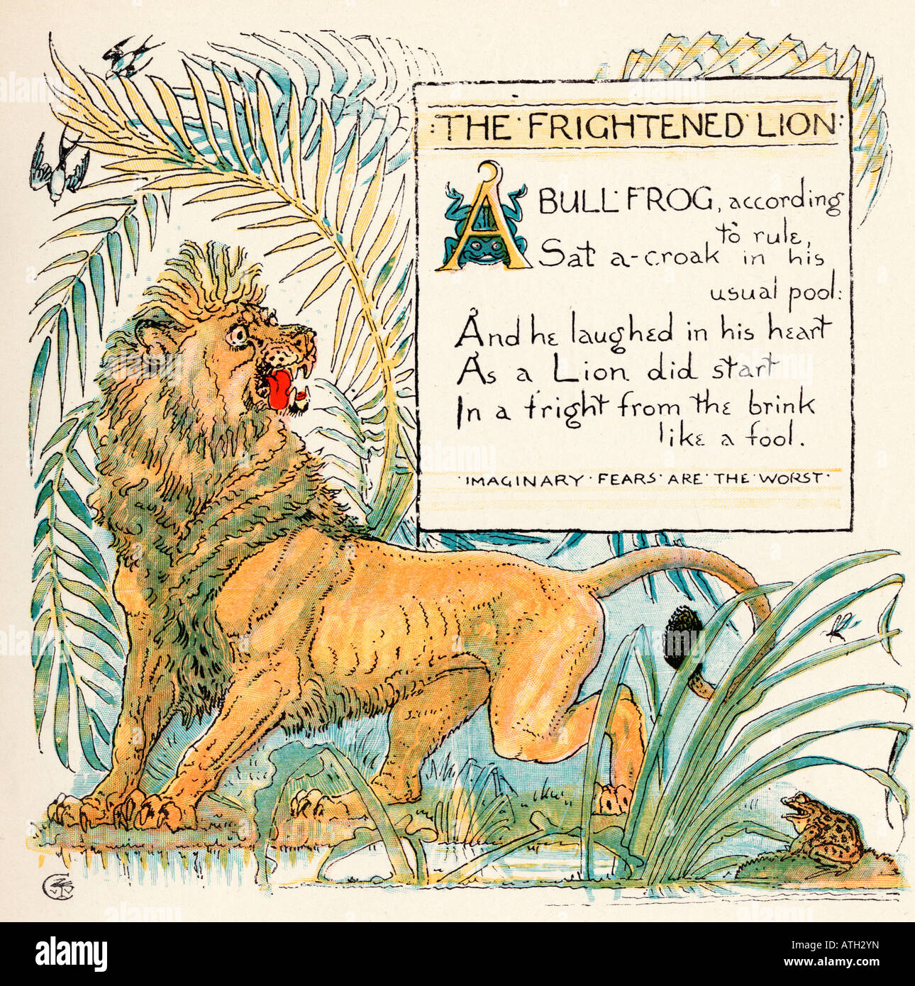 Il leone spaventato. Dal libro The Baby's Own Aesop di Walter Crane, pubblicato nel 1920. Foto Stock