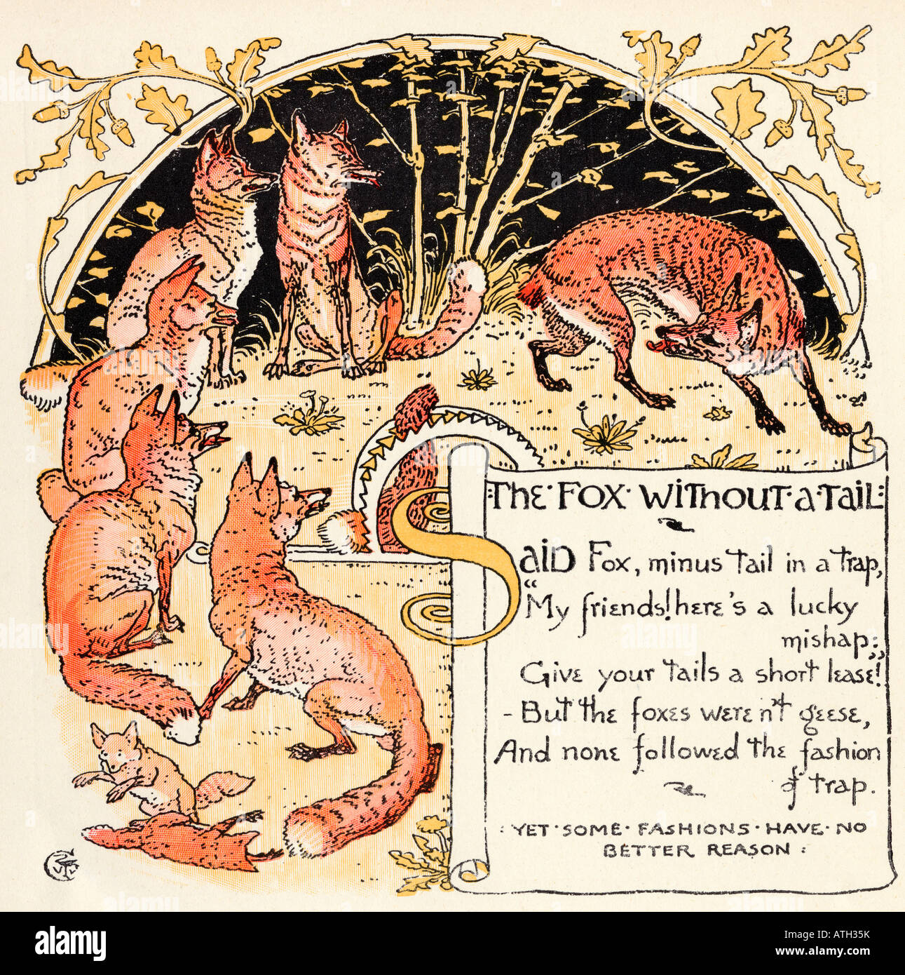 La volpe senza una tale. Dal libro The Baby's Own Aesop di Walter Crane, pubblicato nel 1920. Foto Stock