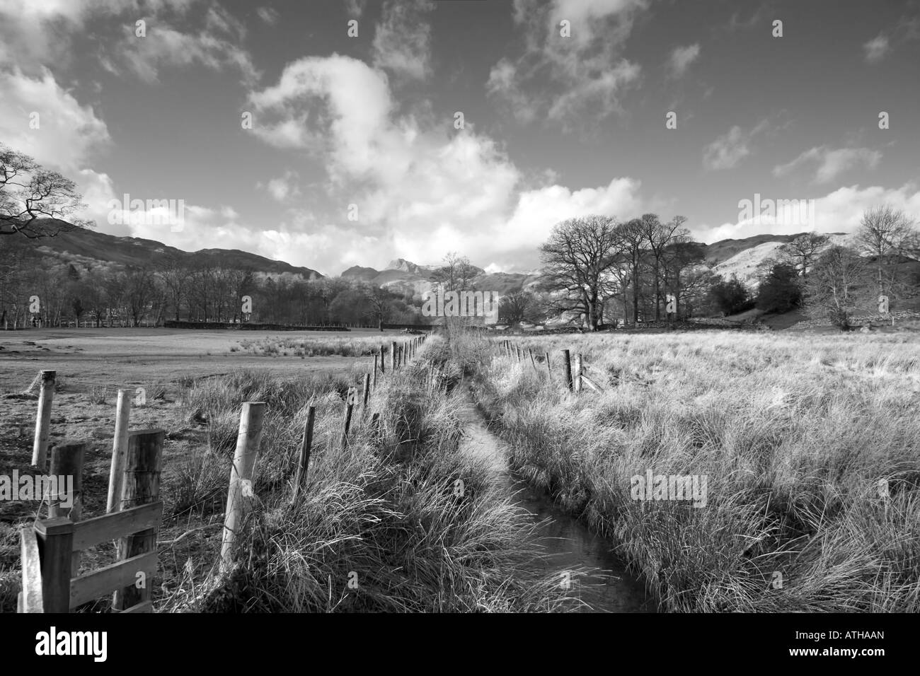 Una bella giornata invernale con soffici nuvole Elter acqua nel "Parco Nazionale del Distretto dei Laghi' Cumbria, Regno Unito Foto Stock