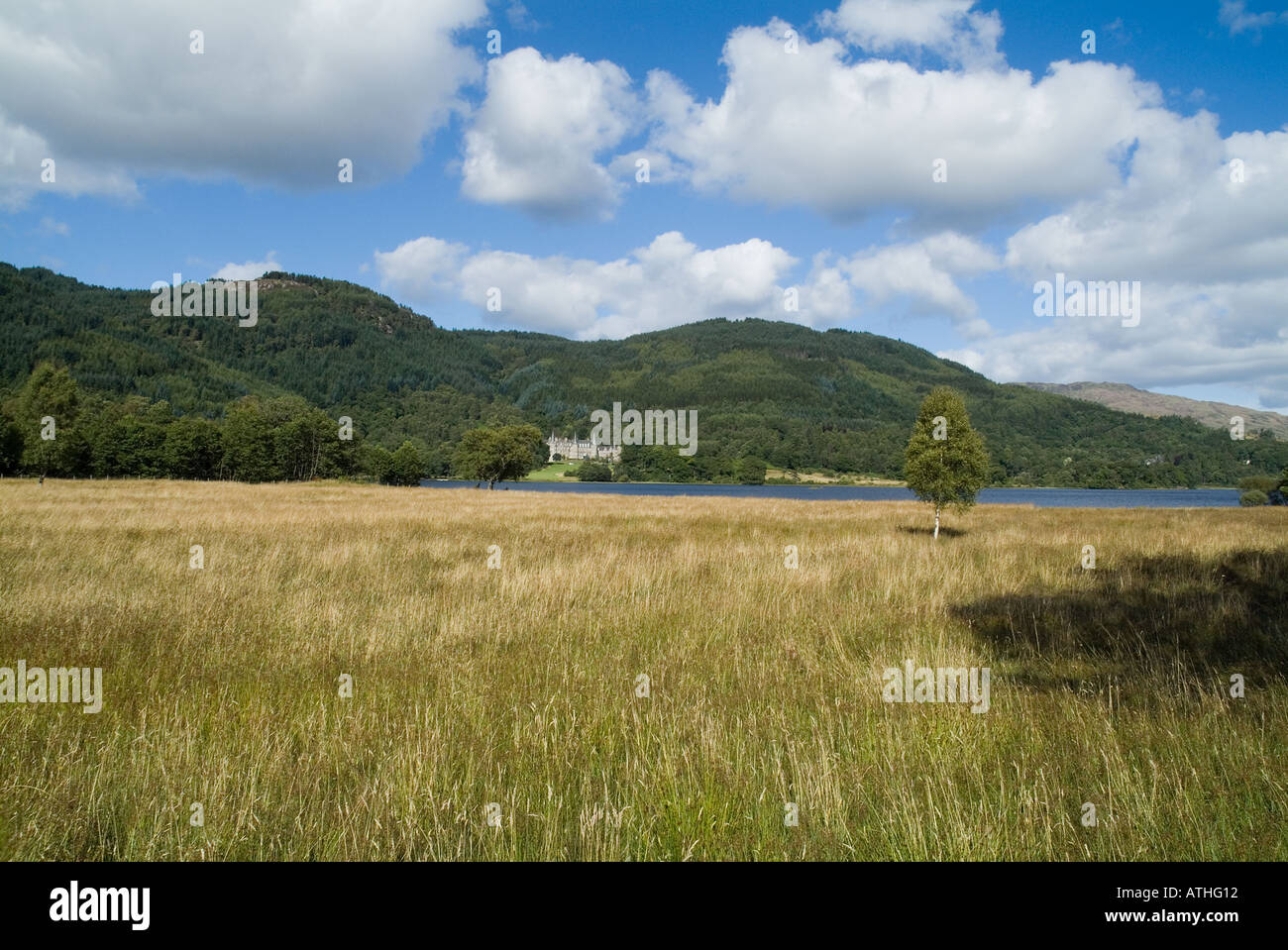 dh LOCH ACHRAY STIRLINGSHIRE Queen Elizabeth Forest Park e Loch Achray Hotel timeshare campagna all'aperto Foto Stock