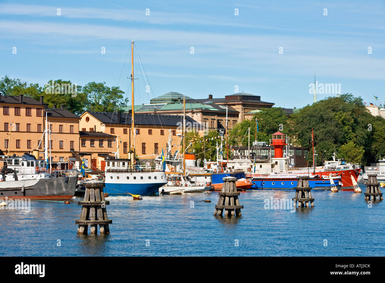 Svezia Stoccolma antica LIGHTHOUSESHIP ancorato a Skeppsholmen Foto Stock