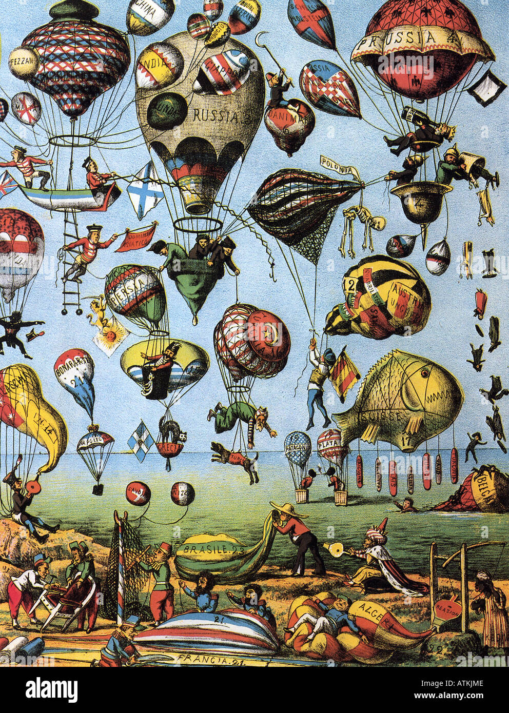 La mongolfiera Un cartoon italiano dal 1875 illustra il world wide fascino con volo in mongolfiera Foto Stock