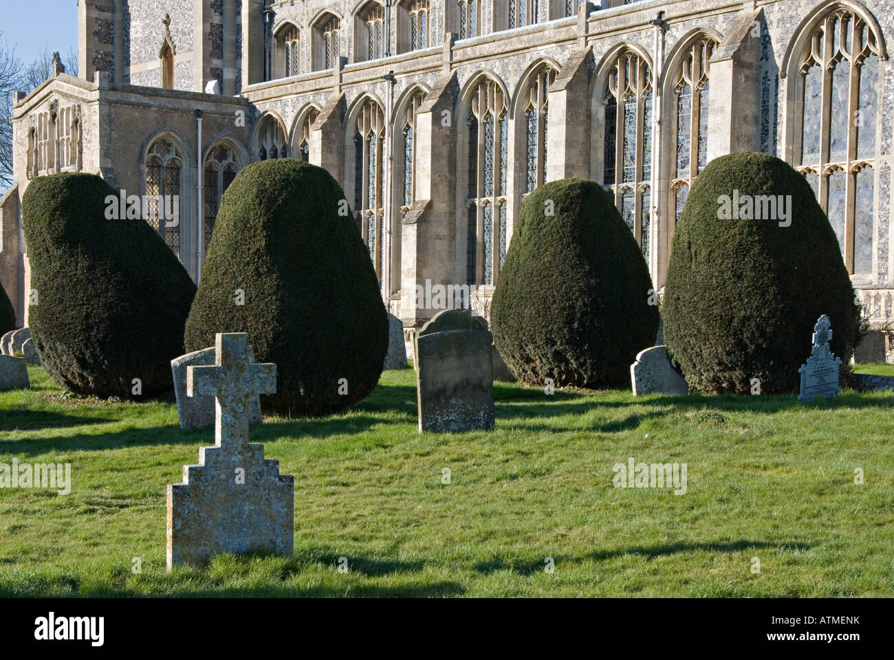 Long Melford, Suffolk, Regno Unito. Chiesa della Santa Trinità. Ritagliato yew boccole coprire le lapidi del cimitero Foto Stock