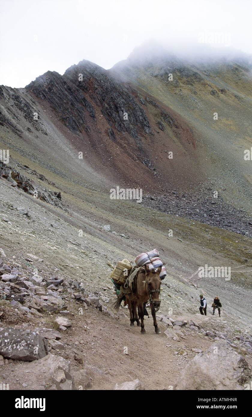 Montagne percorso del pellegrinaggio piste due persone salire a piedi a cavallo del percorso laden con bagaglio Foto Stock