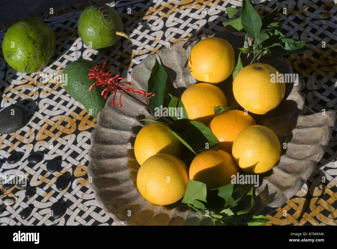 Natura morta con arance e avocado in corrispondenza di arti e mestieri in Castillo del Mar a la Playa de Vallehermoso La Gomera Foto Stock