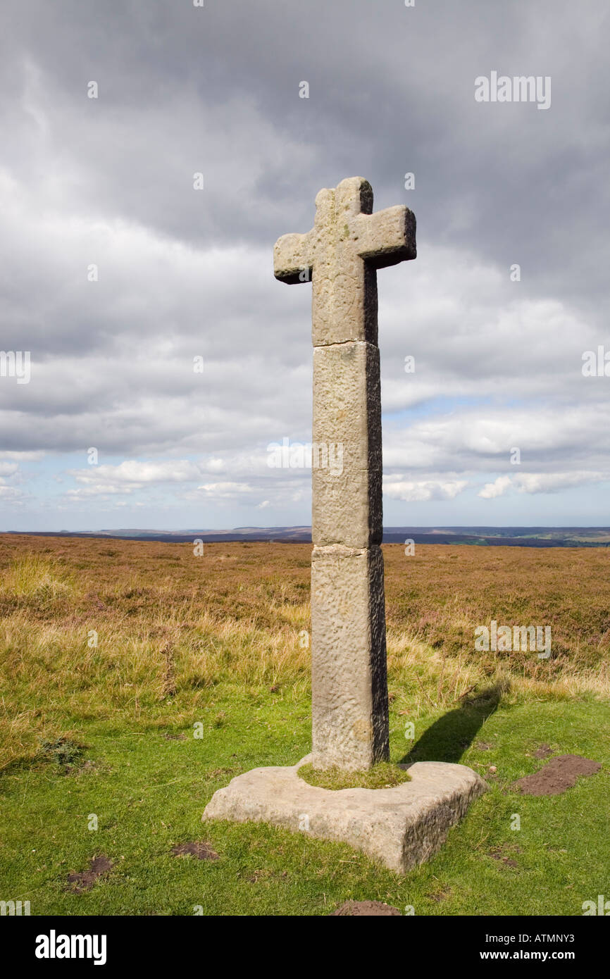 Giovani Ralph Cross vicino a Rosedale testa marcatore medievale ora pietra simbolo del North York Moors "Parco Nazionale" North Yorkshire Regno Unito Foto Stock
