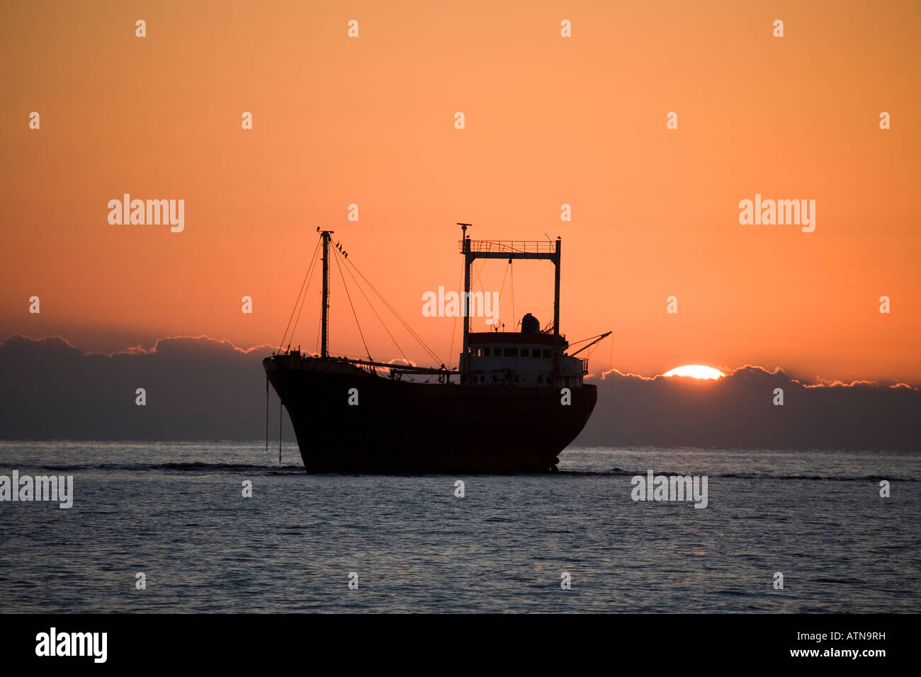 Nave da naufragio con sagome a terra; nave Cargo M/V Demetrios II al  tramonto, con bandiera hondurana, che si è arenata a Pathos Cipro nel 1998  Foto stock - Alamy