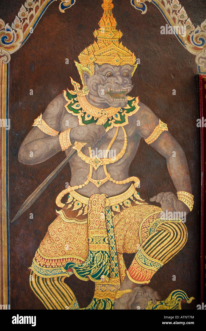 La pittura nel Wat Phra Kaeo tempio a Bangkok Foto Stock