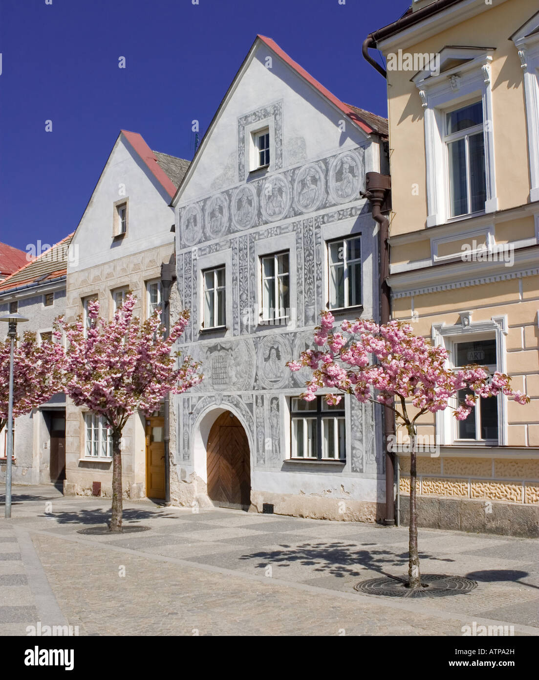 A Sgraffito frontice decorate in Slavonice, Repubblica Ceca Foto Stock