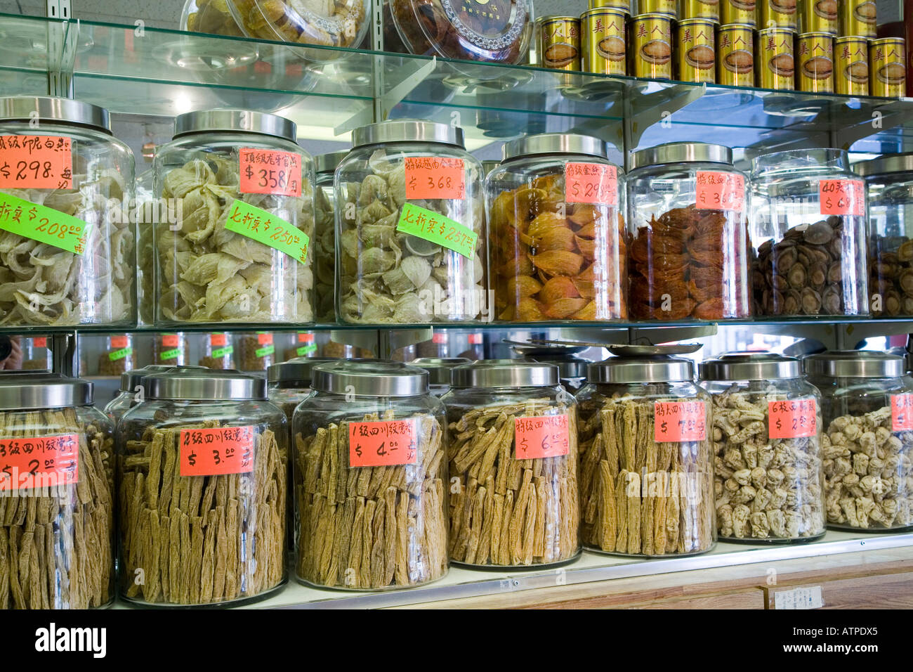 Nidi di uccelli e piante secche radici e gambi in vendita a Chinatown a Vancouver in Canada Foto Stock