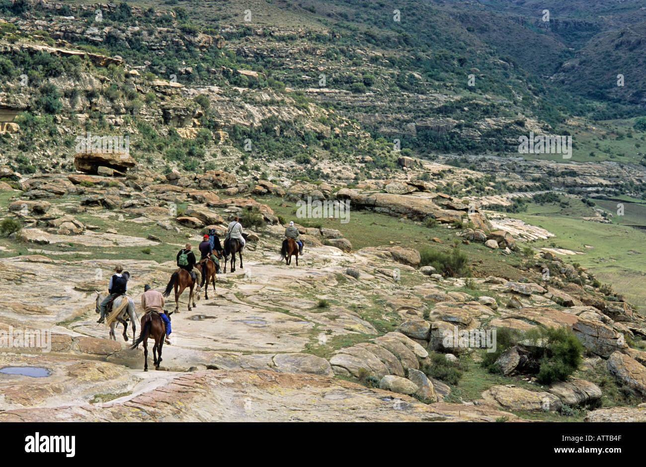 Percorsi per Pony, vicino Malealea, Lesotho Foto Stock