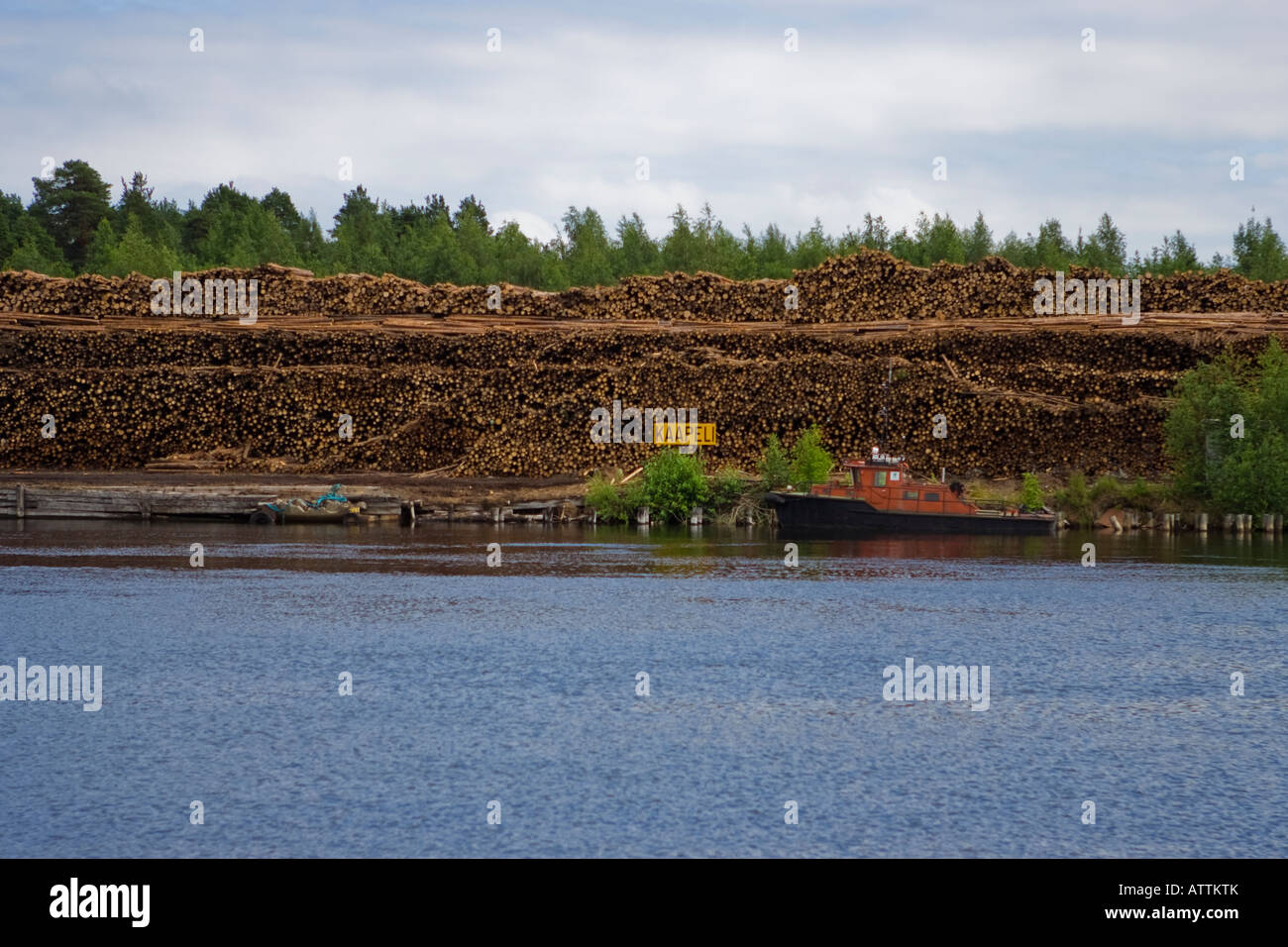 Stack di registro dal fiume Pielisjoki a Joensuu, Finlandia Foto Stock