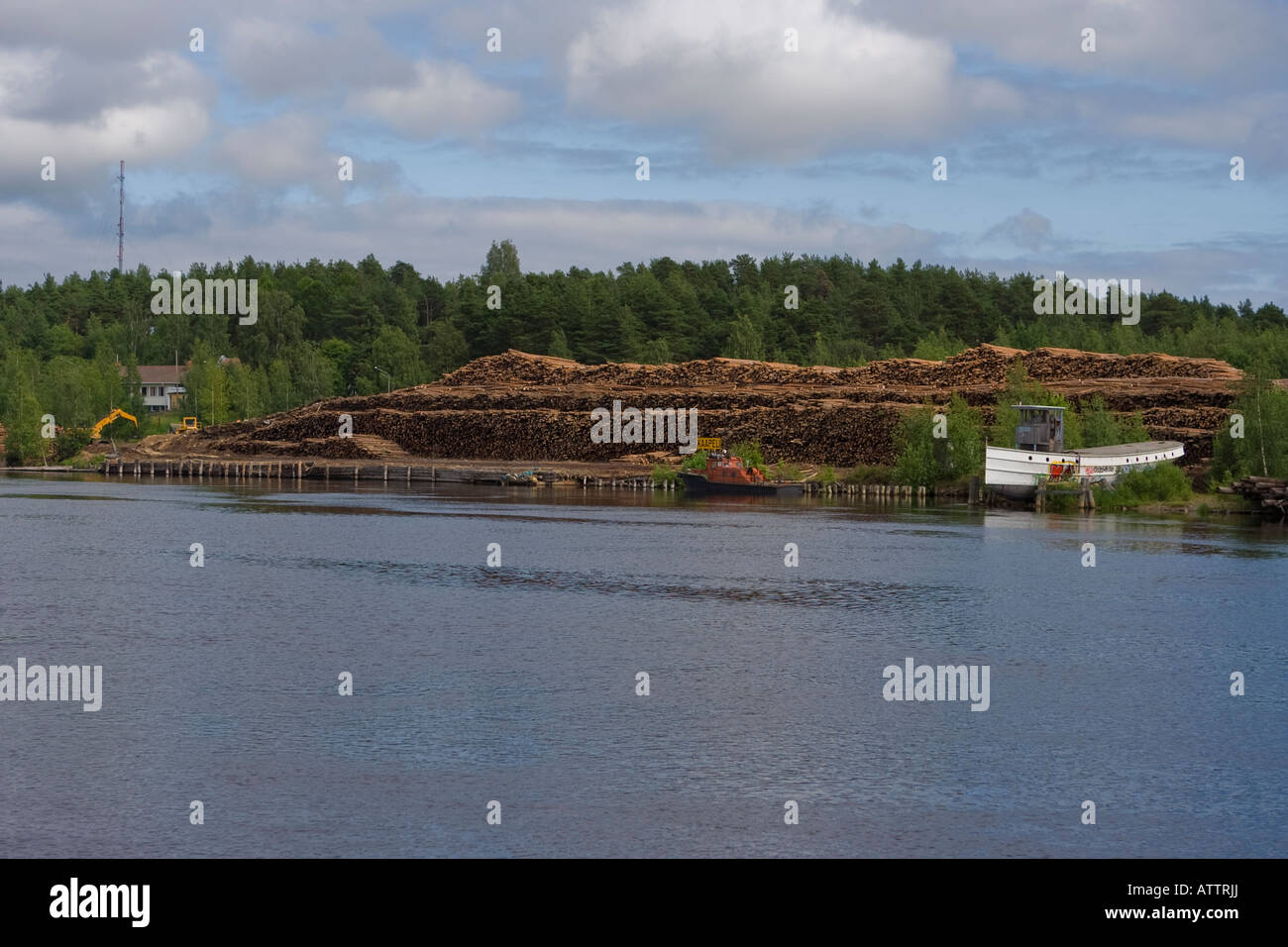 Stack di registro dal fiume Pielisjoki a Joensuu, Finlandia Foto Stock