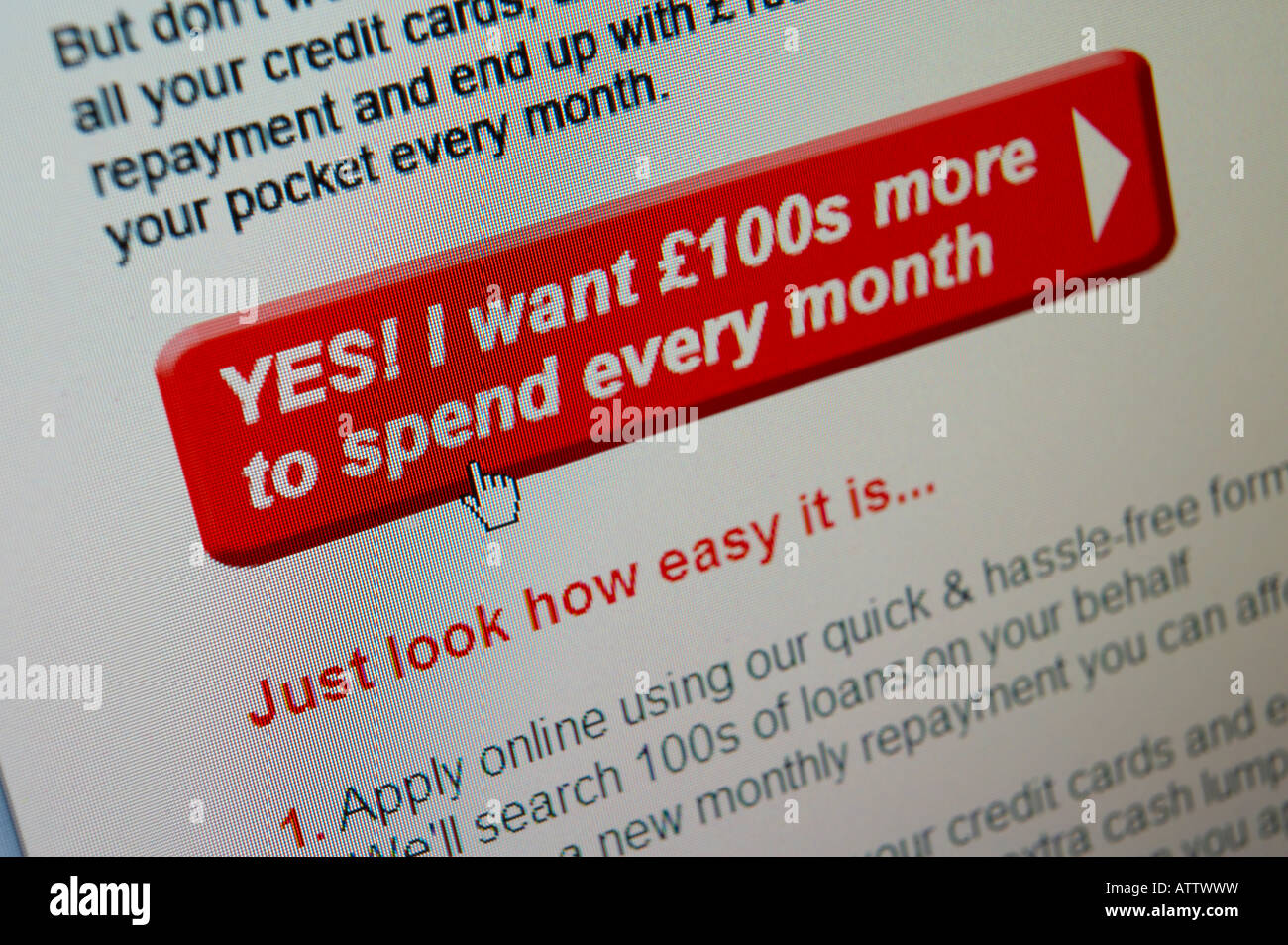 Sito web sullo schermo del computer che mostra ON LINE I prestiti di denaro Foto Stock