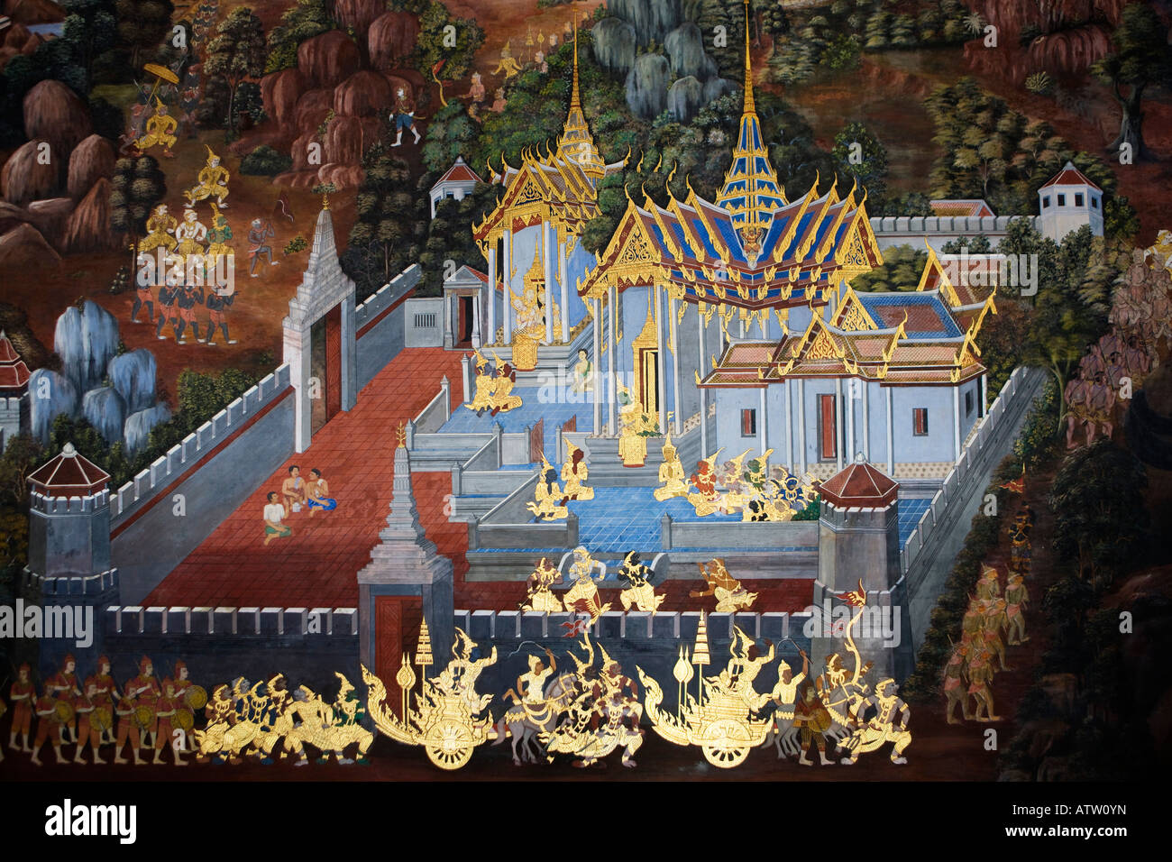 Pitture Murali nel Ramakien gallery di Wat Phra Kaeo tempio a Bangkok Foto Stock