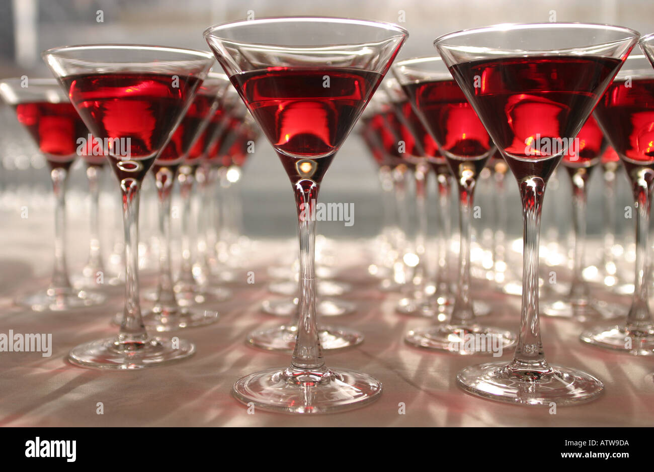Fila di martini rosso cocktail di vetro Foto Stock