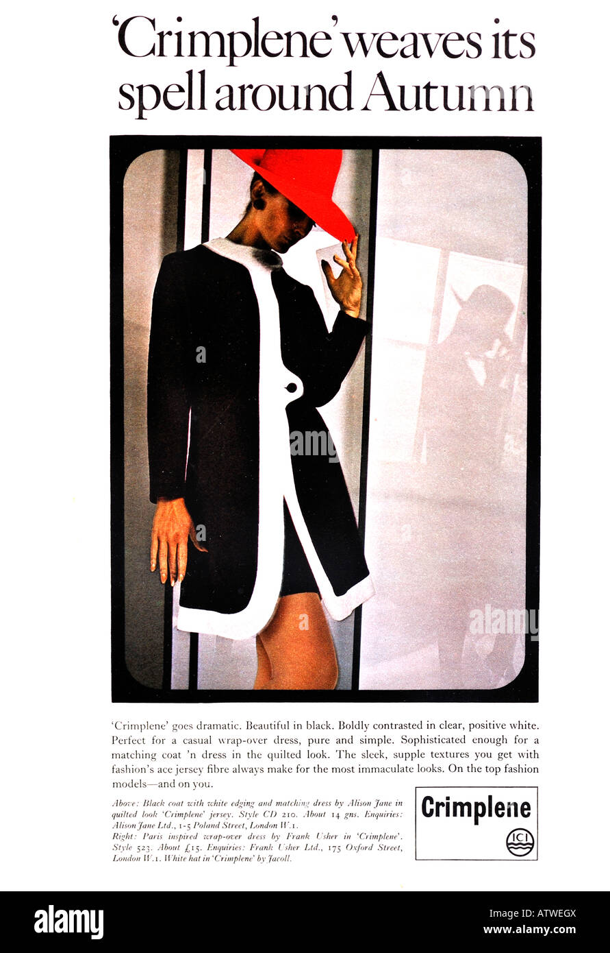 Anni sessanta Nova Magazine Ottobre 1968 Pubblicità per ICI Crimplene jersey fibre per solo uso editoriale Foto Stock