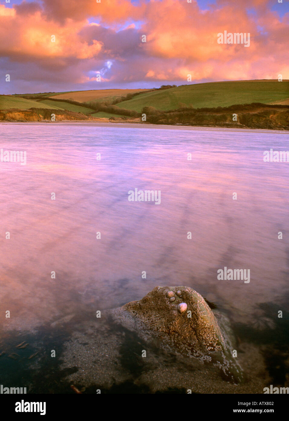 Fiume Erme Estuary dai Mothecombe beach cercando di Wonwell beach South Devon con cielo oink e rock in primo piano Foto Stock