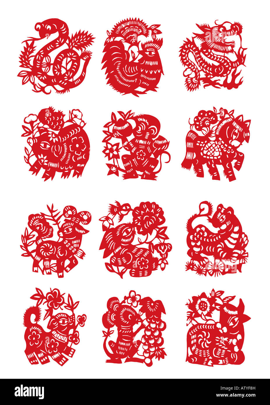 Taglio della carta cinese dodici segno animale suino di serpente di capra coak cane scimmia ratto rabit dragon horse tiger e il bestiame con tracciato di ritaglio Foto Stock
