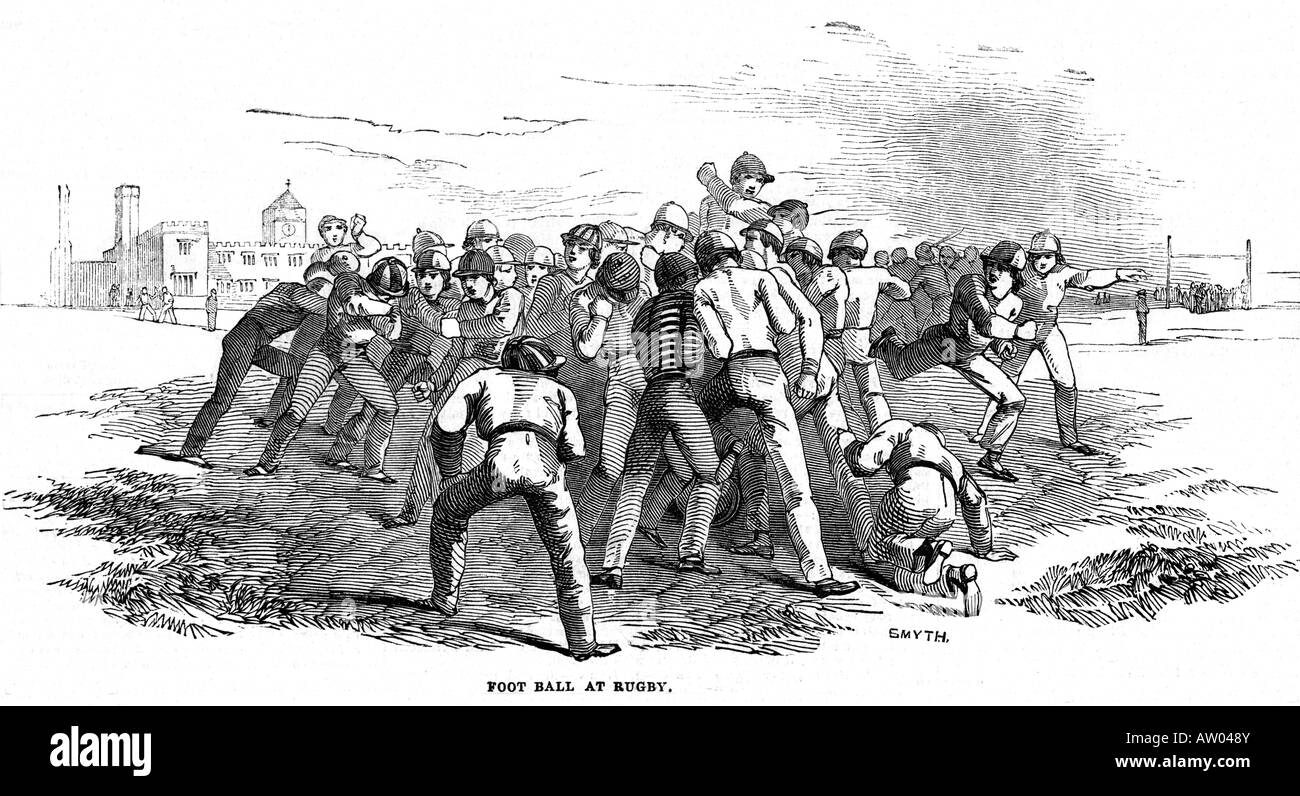 Rugby presso la scuola di Rugby 1845 incisione di inizio il calcio probabilmente il primo mai pubblicato illustrazione dello sport Foto Stock