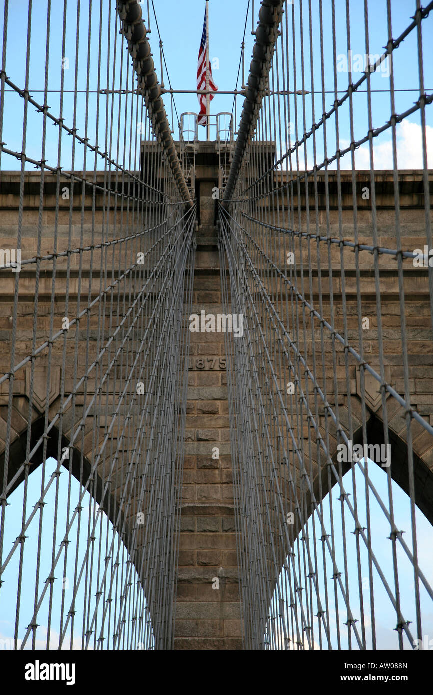 Una chiusura dei cavi e mattone stantion sul ponte di Brooklyn, New York che mostra la data dell'apertura. Foto Stock