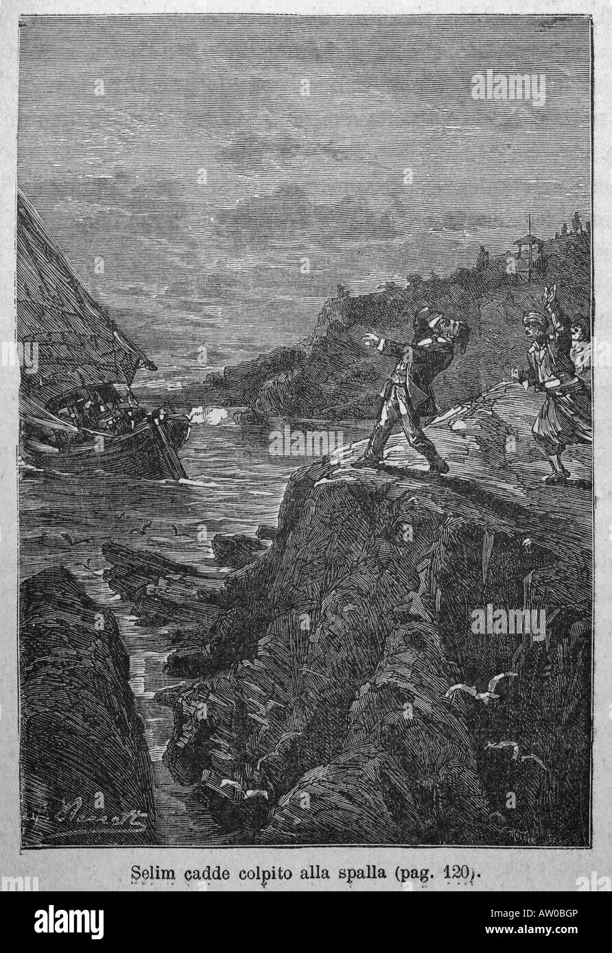 Incisione di Jules Verne s Kéraban le têtu autore Léon Benet dalla prima edizione italiana 1897 Foto Stock