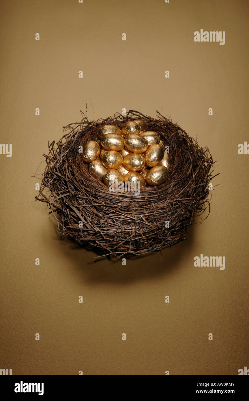 Nido di uccelli pieno di uova d'oro Foto Stock