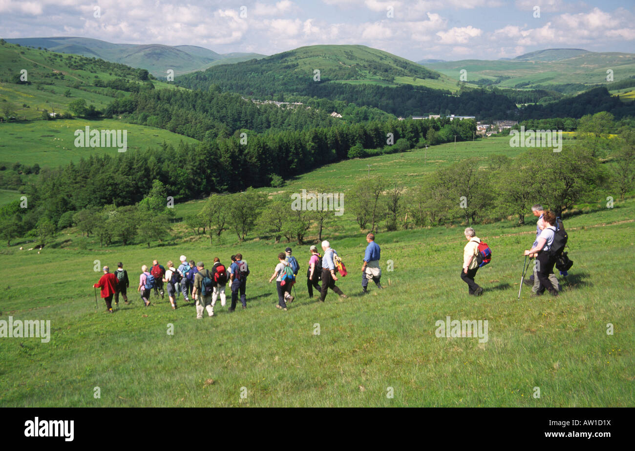 Langholm Walking Festival gli escursionisti a piedi fuori legge Ward Hill con Potholm collina dietro al confine occidentale delle Colline Scotland Regno Unito Foto Stock
