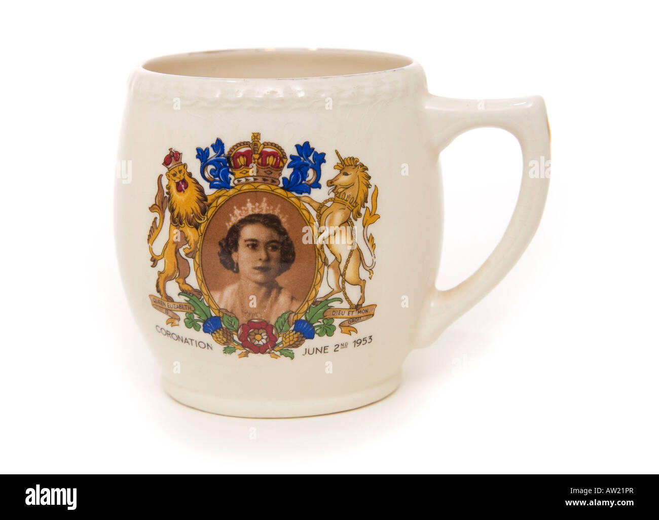Tazza per commemorare il royal incoronazione della Regina Elisabetta nel 1953 Foto Stock