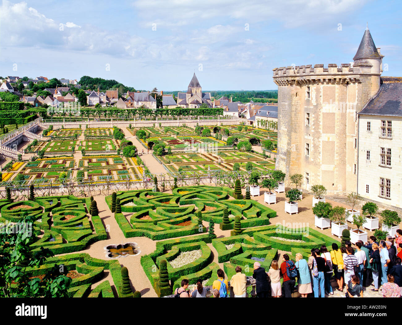 Ai visitatori di ammirare il Castello e lo stile rinascimentale giardini di Villandry, Indre et Loire, Francia. Patrimonio mondiale dell UNESCO Foto Stock