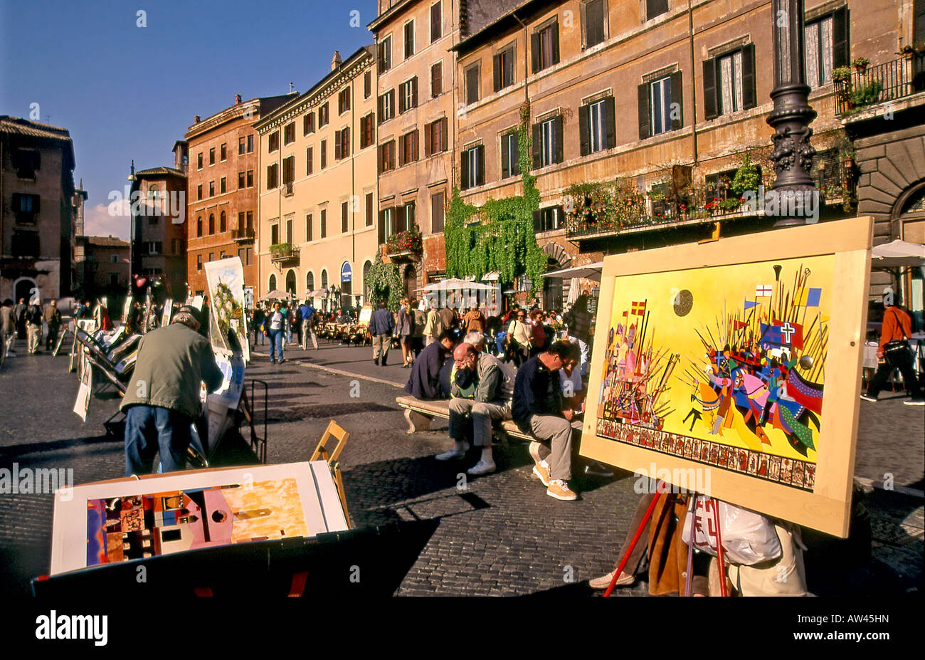 Arte venditori su Piazza Navona, Roma Italia Foto Stock